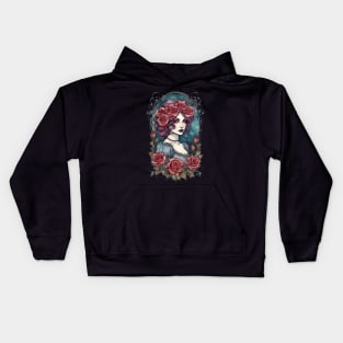 Victorian Gothic Lady with Red Roses Kids Hoodie